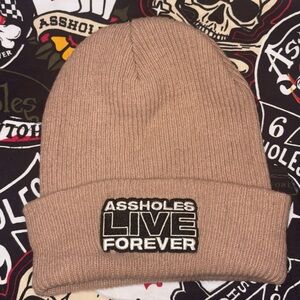 ALF A$$HOLES LIVE FOREVER Khaki Tan Knit Beanie Hat with patch O/S